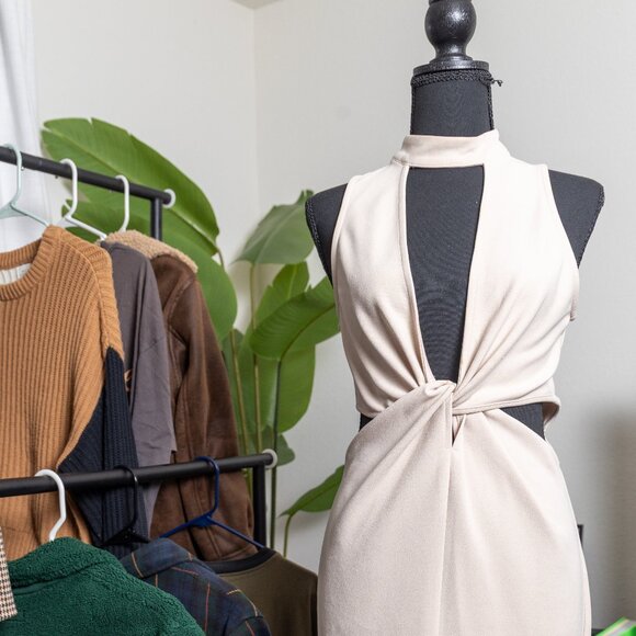 Dresses & Skirts - Beige Cutout Twist-Front Midi Dress